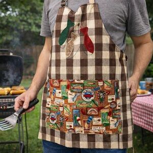 Vintage Handmade Fishing Tackle‎ Apron Brown Gingham Check Retro Pocket Grilling